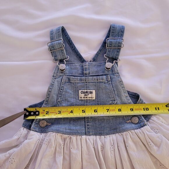 Oshkosh B'Gosh Dress Girls 12M Overall Denim White Eyelet Jumper Cute Preppy - Picture 3 of 6